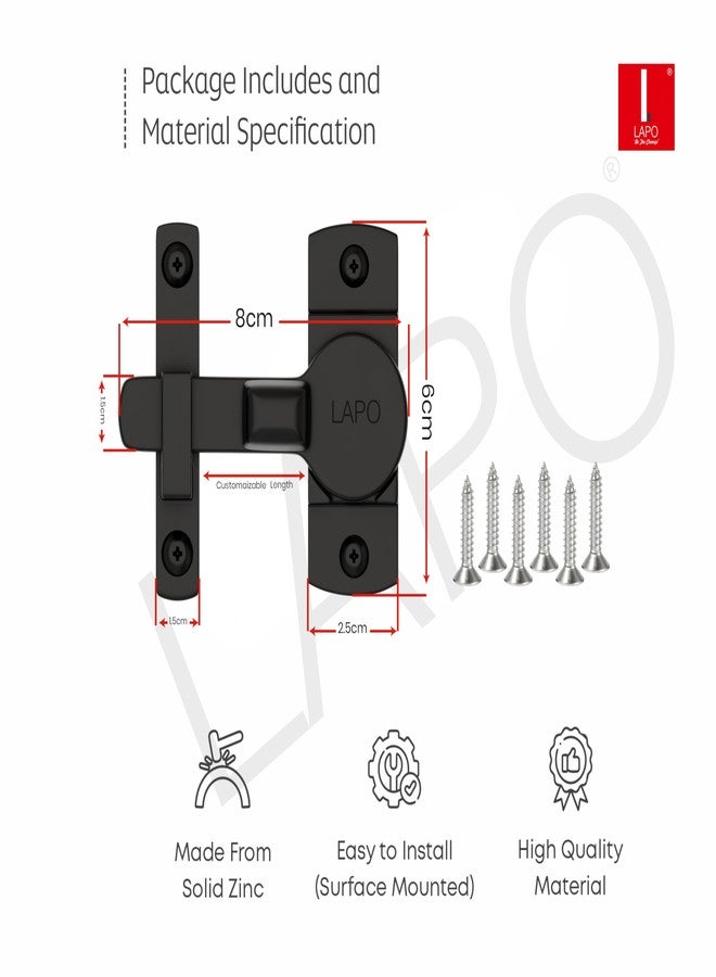 LAPO قفل مزلاج لابو للحمام، مزلاج أطفال بزاوية 180 درجة، قفل باب منزلق، مزلاج قلاب لغرفة النوم، الشرفة، المخزن (أسود، مصنوع من الزنك) - Image 4